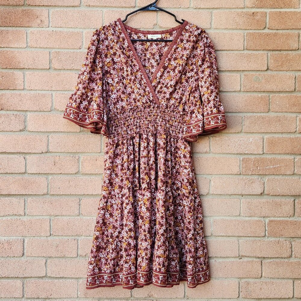Max Studio Boho Floral Midi Dress Women’s Medium Red Brown Smocked Waist